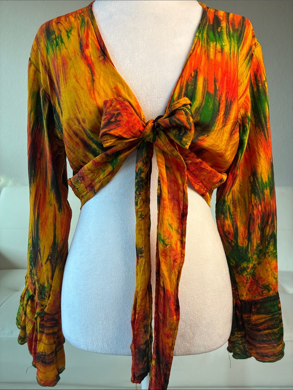 Silk Tie-Front Crop Top Bolero in Autumn Tie-Dye